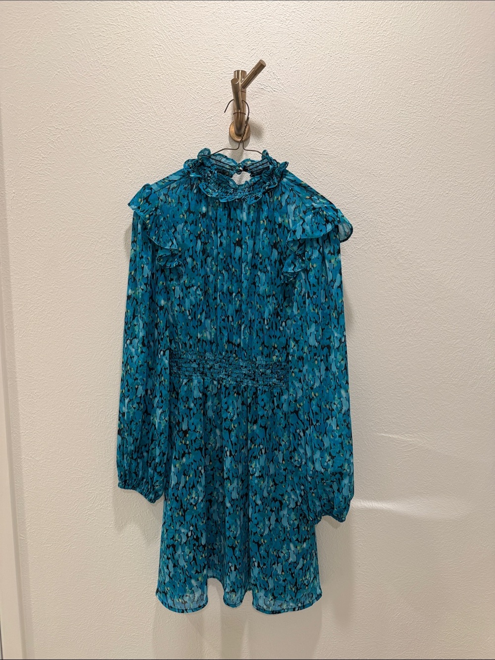 SHEIN Teal Floral Print Ruffle Long-Sleeve Dress
